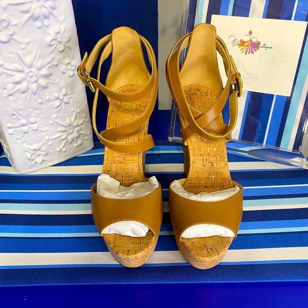 Michael Kors brown cork platform wedge strappy ankle high heel sandals Sz 10 - Picture 12 of 15